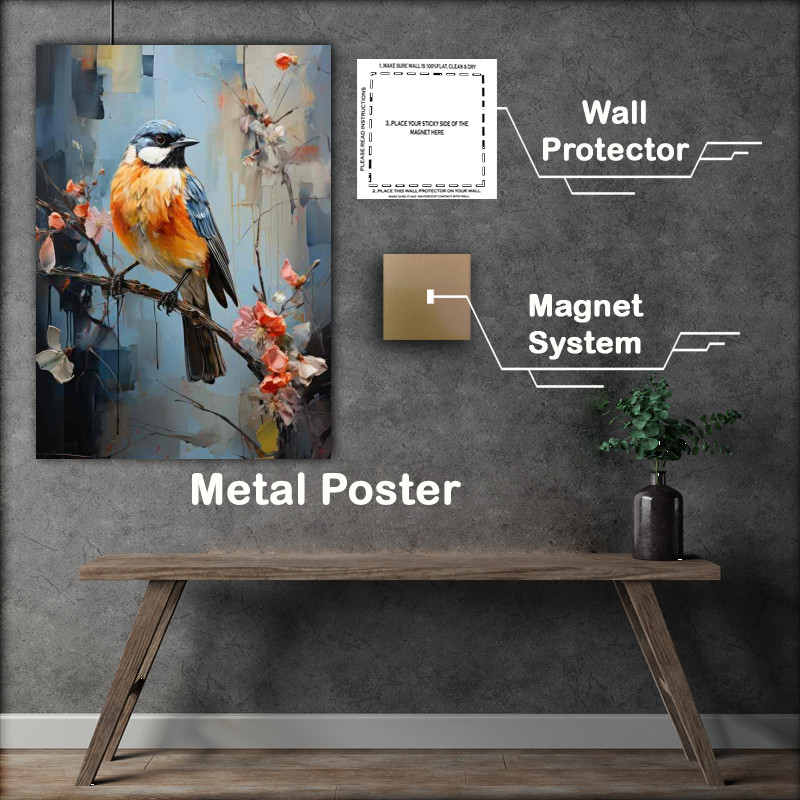 Buy Metal Poster : (Blue tit bird with a blue banckground on a perch)