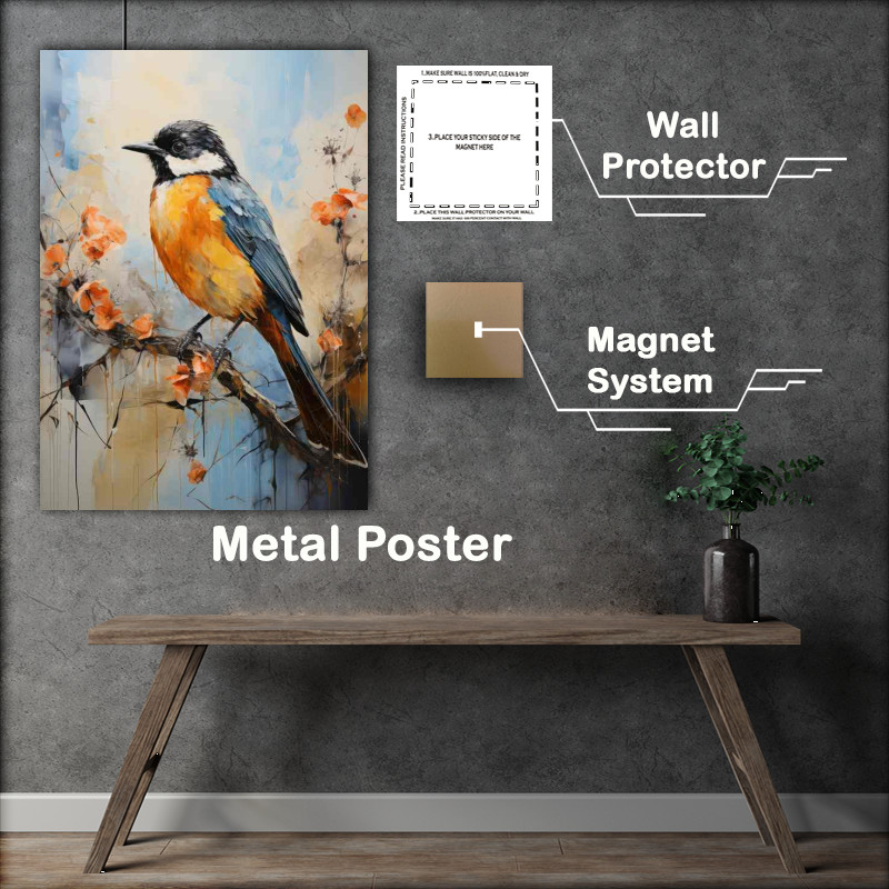 Buy Metal Poster : (Blue tit on a perch with orange flowers)