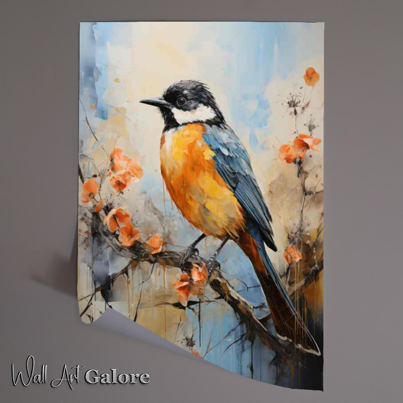 Buy Unframed Poster : (Blue tit on a perch with orange flowers)