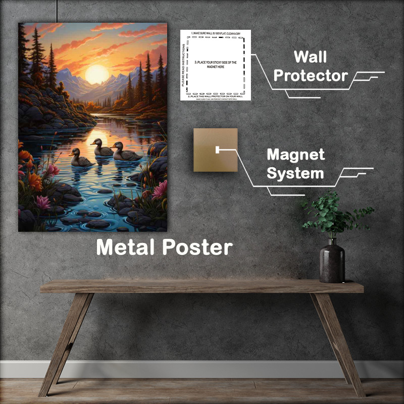 Buy Metal Poster : (Ducklings in the mountains on the river side)