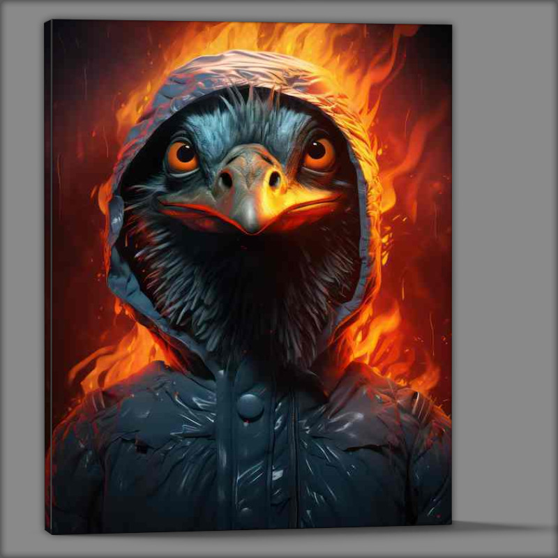 Buy Canvas : (Emu in the hoodie with flames in the background)