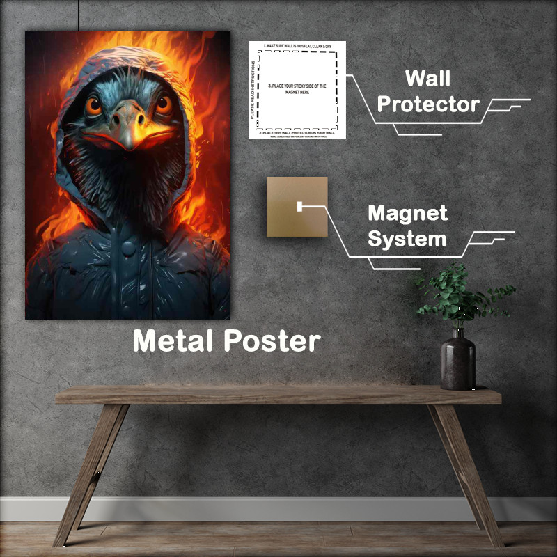 Buy Metal Poster : (Emu in the hoodie with flames in the background)