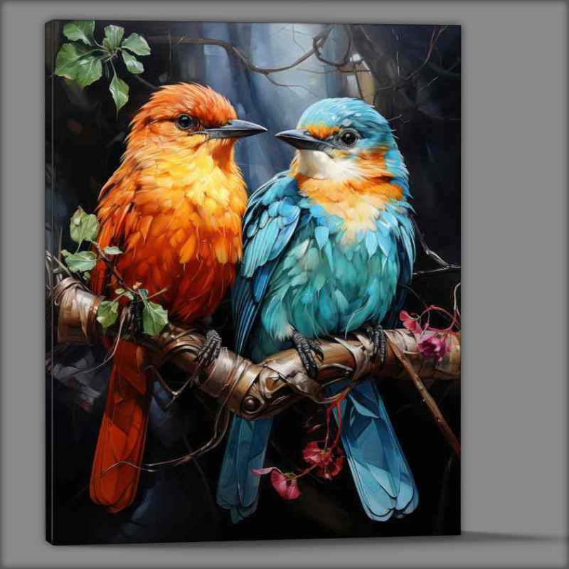 Buy Canvas : (Love Birds on a branch looking at each other)