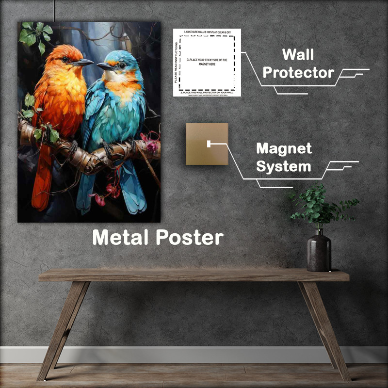 Buy Metal Poster : (Love Birds on a branch looking at each other)