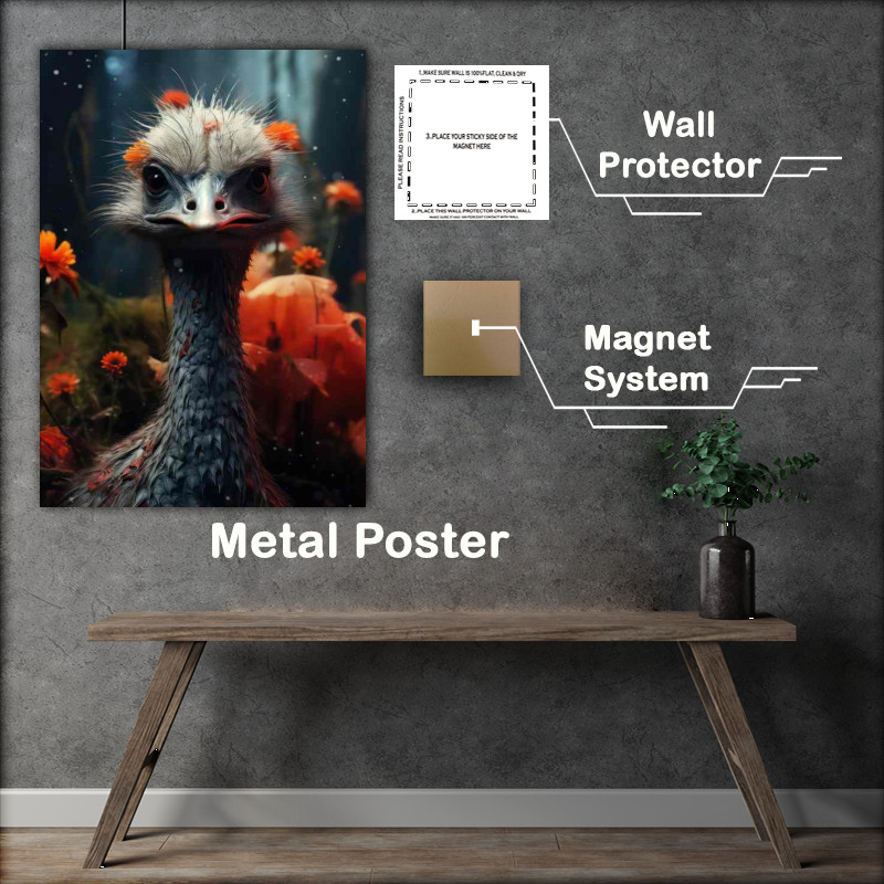 Buy Metal Poster : (Ostrich in the woods with orange flowers)