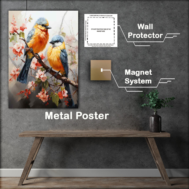 Buy Metal Poster : (Painted style birds surrounded by flowers)