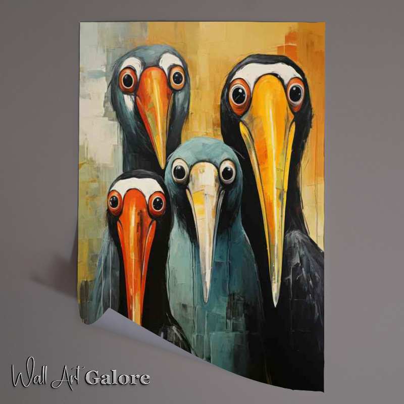 Buy Unframed Poster : (Pelicans with a yellow background painted aart style)