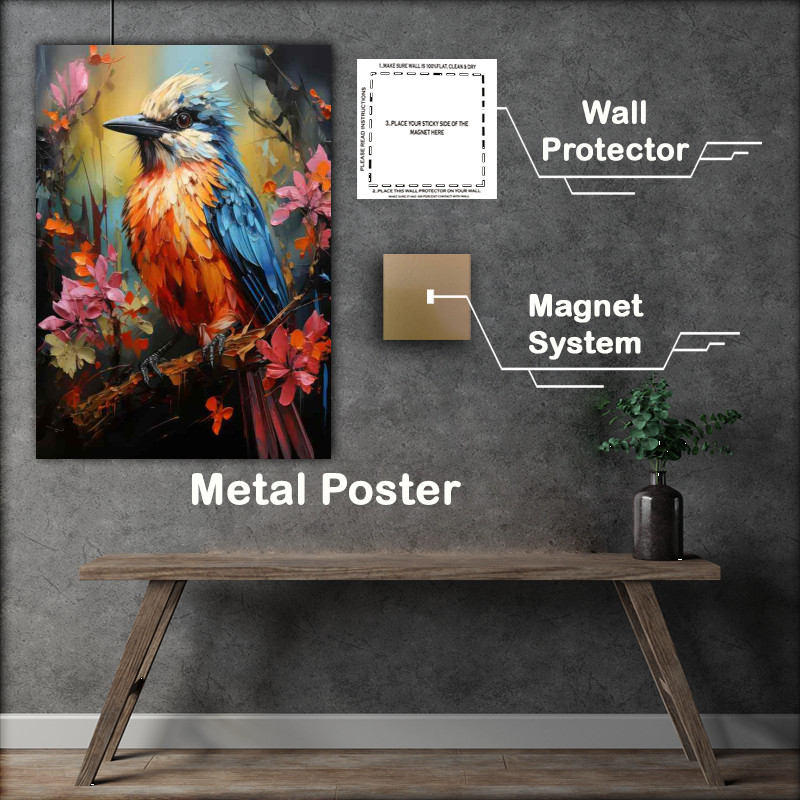 Buy Metal Poster : (Small bird orange chest blue wings coloured flowers)