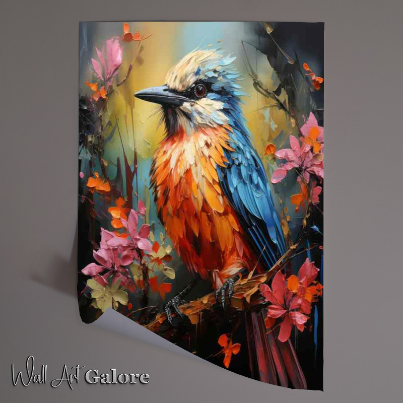 Buy Unframed Poster : (Small bird orange chest blue wings coloured flowers)