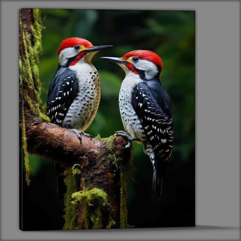 Buy Canvas : (Spotted Woodpeckers on a branch in the woods)