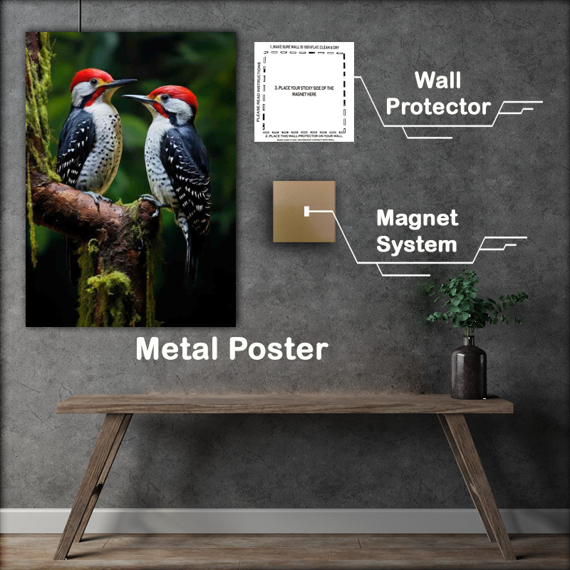 Buy Metal Poster : (Spotted Woodpeckers on a branch in the woods)
