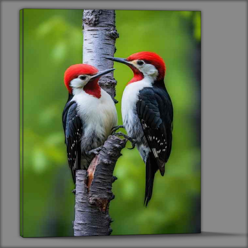 Buy Canvas : (Spotted woodpeckers grooming eachother)