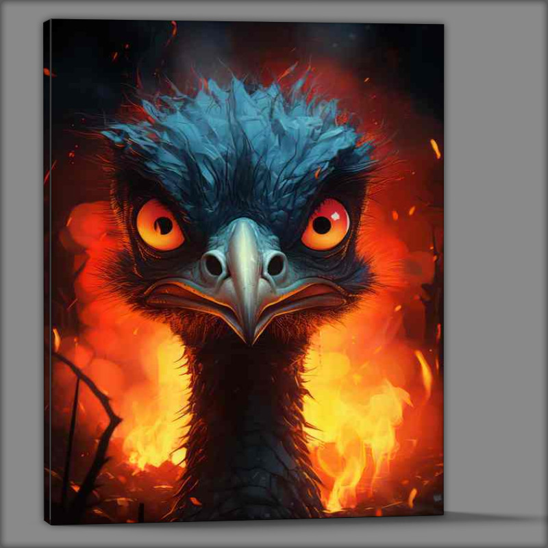 Buy Canvas : (Strange emu running from the fire in the woods)