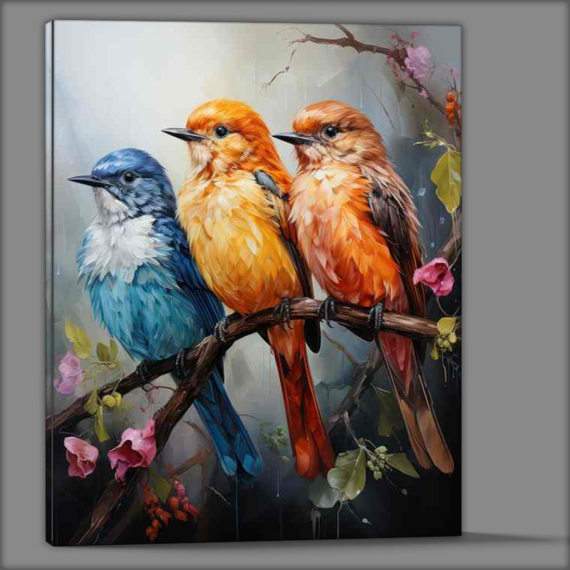 Buy Canvas : (Three Birds amazing colours on a branch singing)