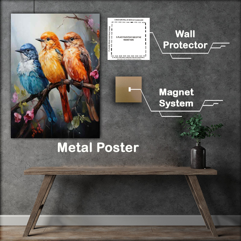 Buy Metal Poster : (Three Birds amazing colours on a branch singing)