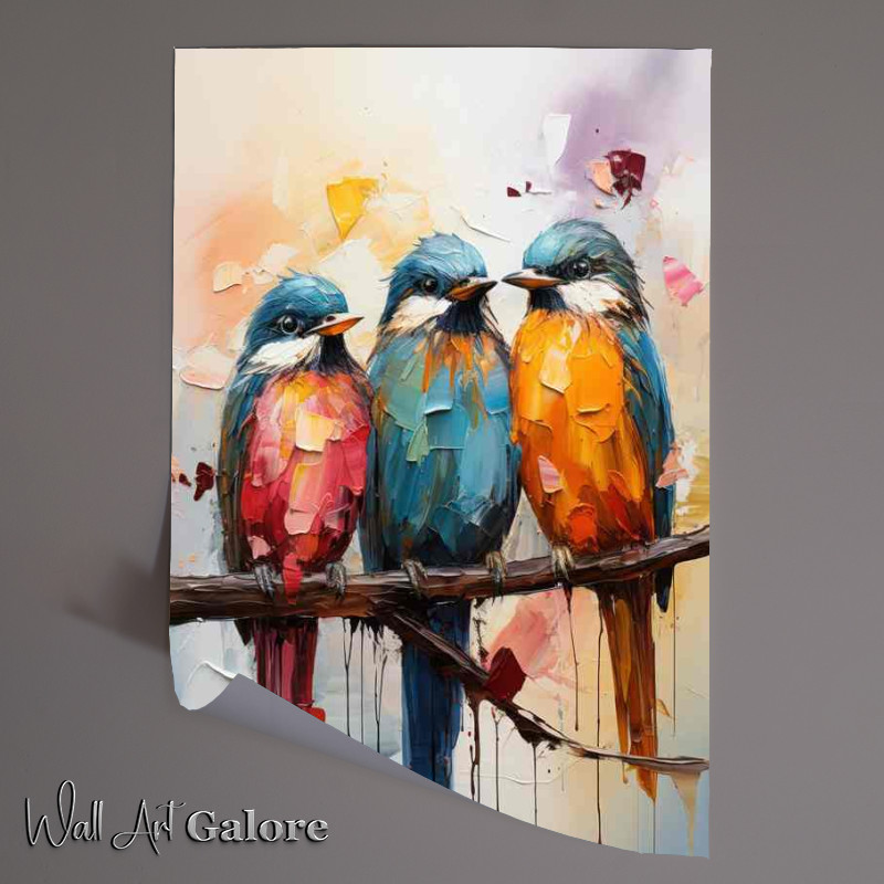 Buy Unframed Poster : (Three little birds on a perch in yellow blue and red colours)