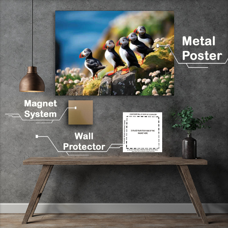 Buy Metal Poster : (A group of puffins on the cliffs)