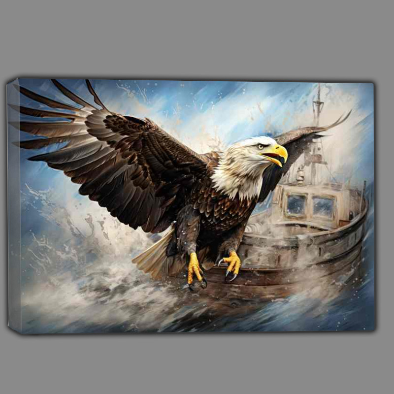 Buy Canvas : (Bald Eagle soaring on a fishing boat)