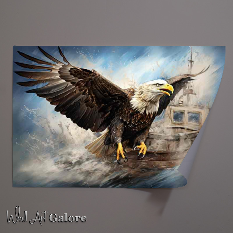 Buy Unframed Poster : (Bald Eagle soaring on a fishing boat)