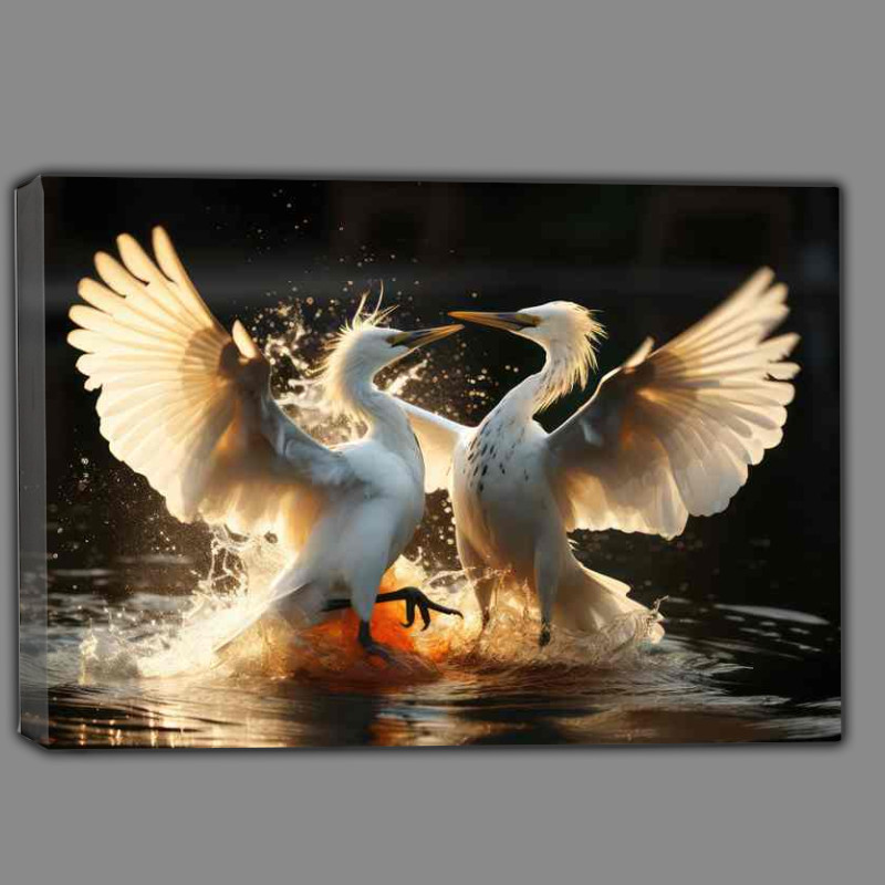 Buy Canvas : (Birds Egrets fighting in the water full display)