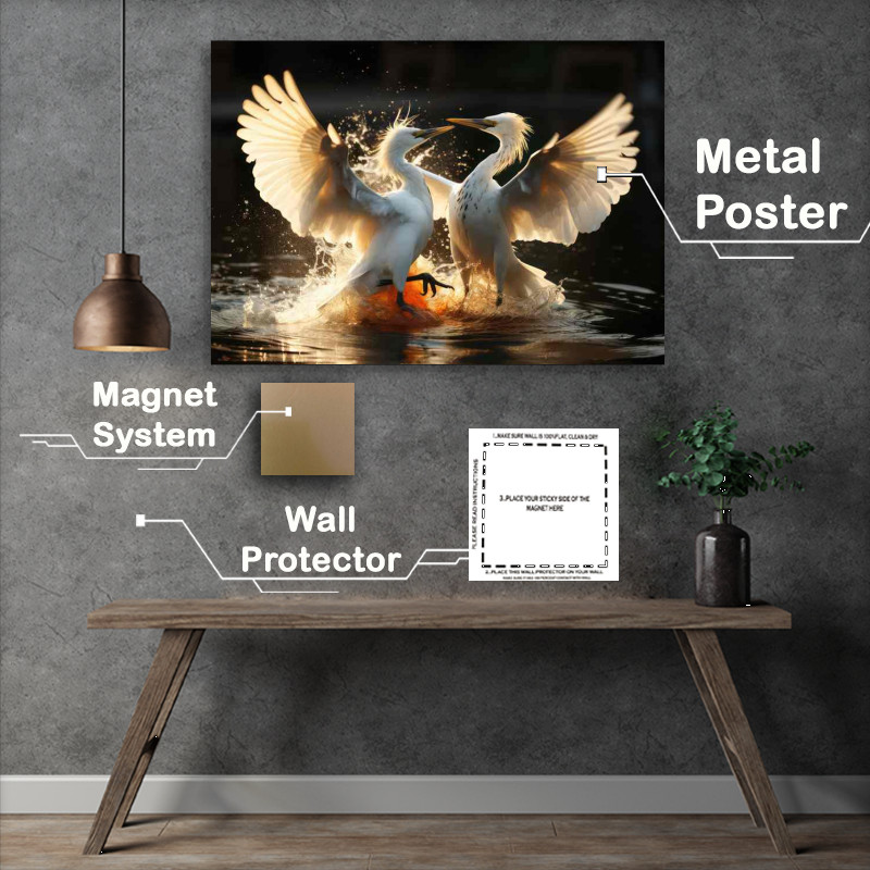 Buy Metal Poster : (Birds Egrets fighting in the water full display)