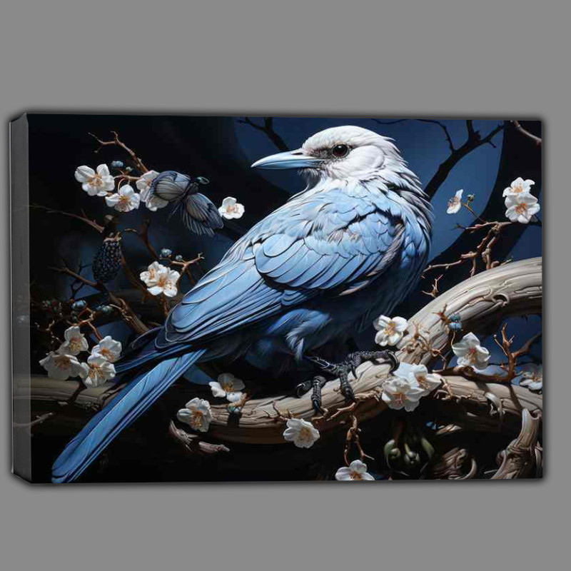 Buy Canvas : (Blue and white bird on a perch with flowers)