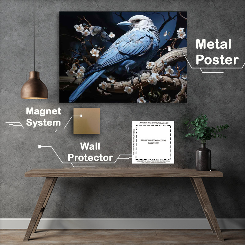 Buy Metal Poster : (Blue and white bird on a perch with flowers)