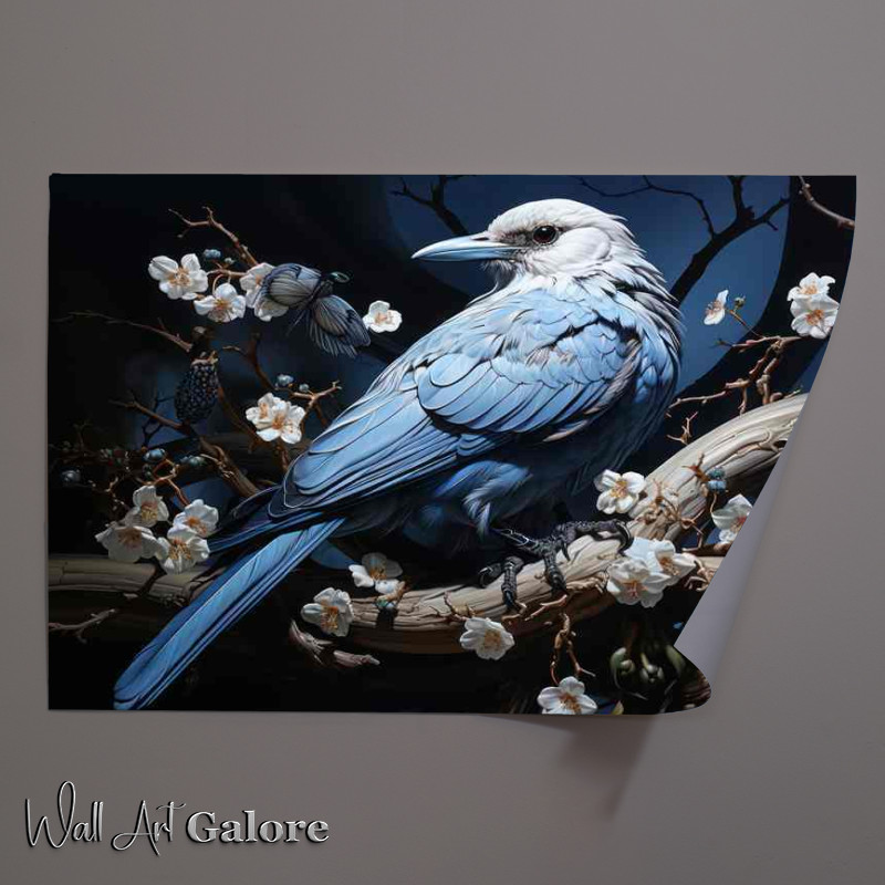 Buy Unframed Poster : (Blue and white bird on a perch with flowers)