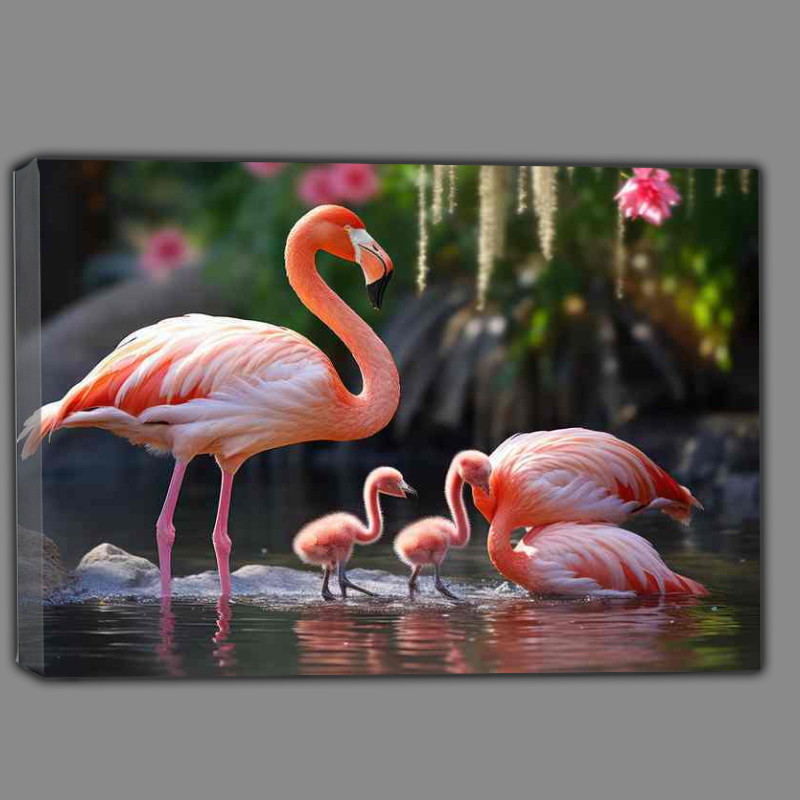 Buy Canvas : (Flamingo family playing in the lake)