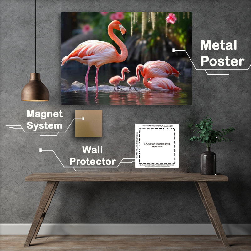 Buy Metal Poster : (Flamingo family playing in the lake)