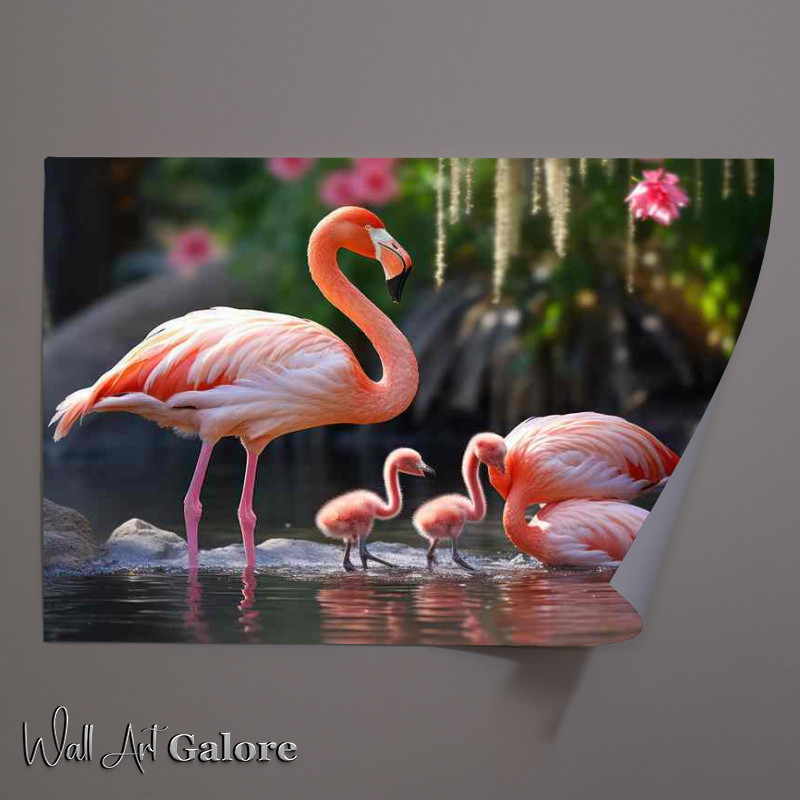 Buy Unframed Poster : (Flamingo family playing in the lake)