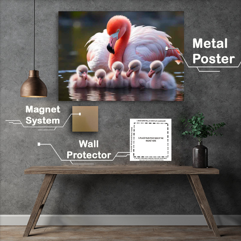 Buy Metal Poster : (Mum Flamingo teaching her babies to swim on the water)