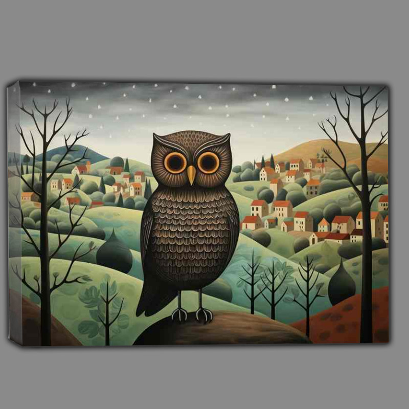 Buy Canvas : (Owl on a rock waiting for prey in the countryside)