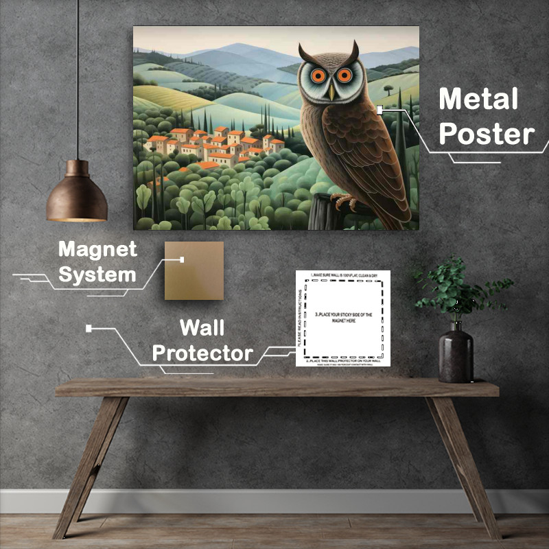 Buy Metal Poster : (Owl overlooking the houses in the background)