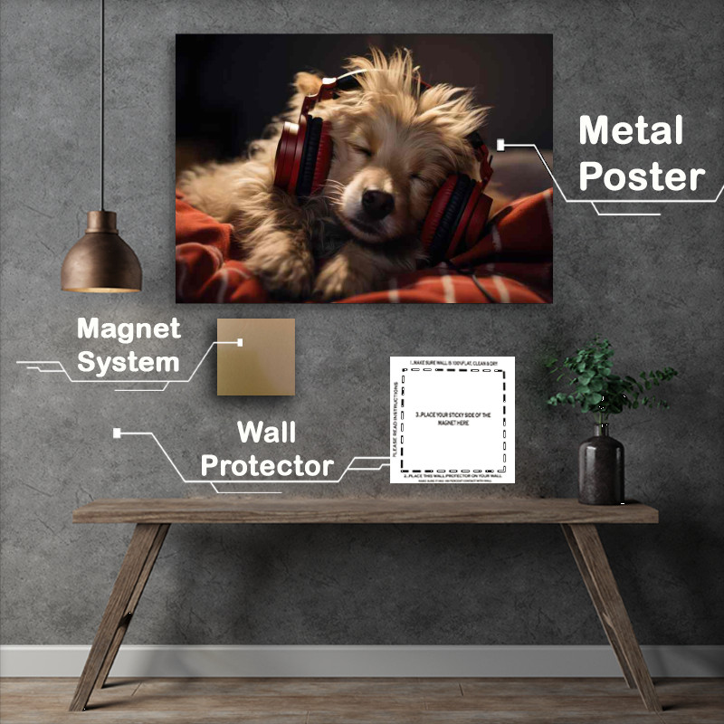 Buy Metal Poster : (A dog is wearing headphones and sleeping)