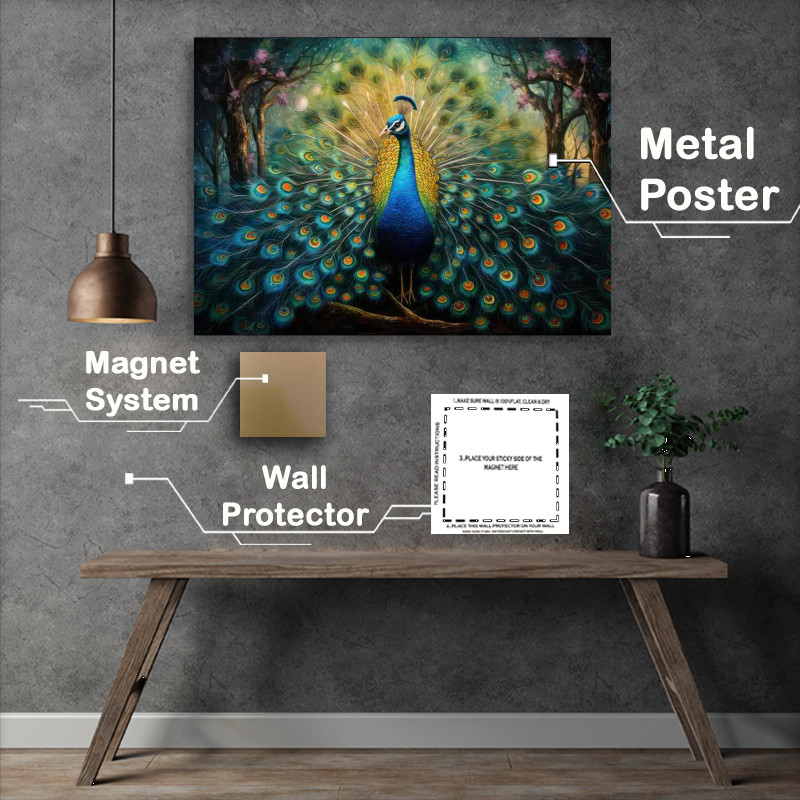 Buy Metal Poster : (Peacock in the woods showing all its bloomage)