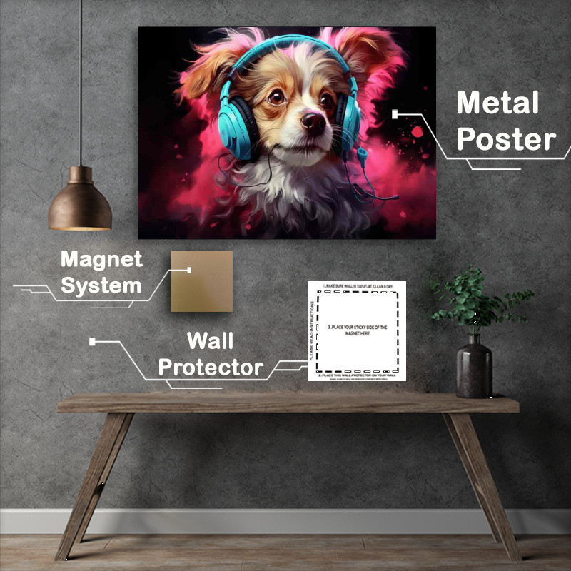 Buy Metal Poster : (A small dog listening to music and headphones)