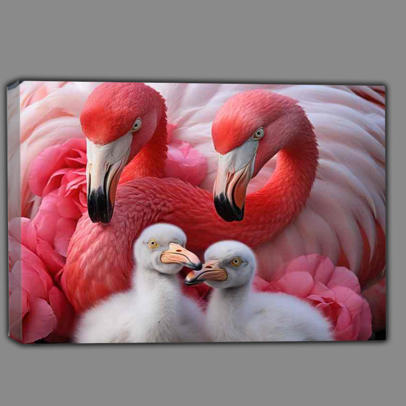 Buy Canvas : (Pink Flamingos and Their Adorable Chicks A Family )