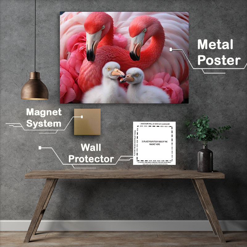Buy Metal Poster : (Pink Flamingos and Their Adorable Chicks A Family )