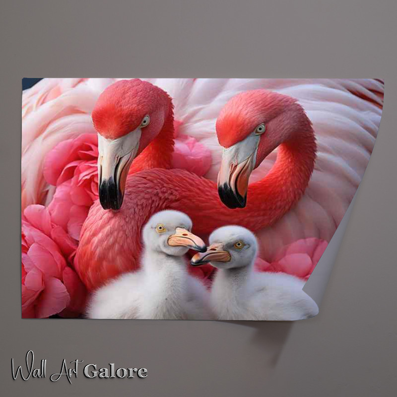 Buy Unframed Poster : (Pink Flamingos and Their Adorable Chicks A Family )