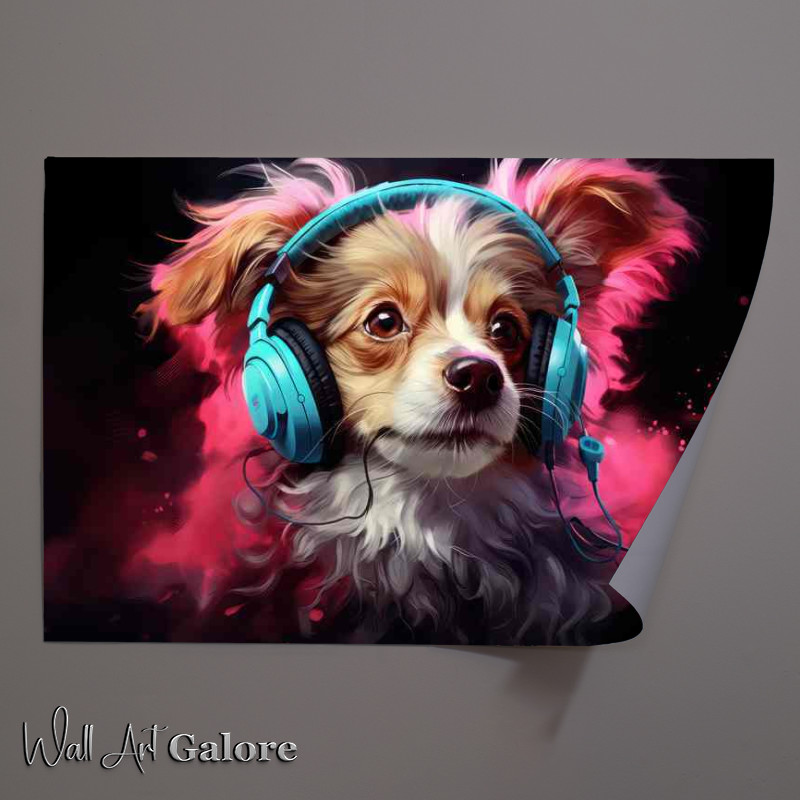 Buy Unframed Poster : (A small dog listening to music and headphones)