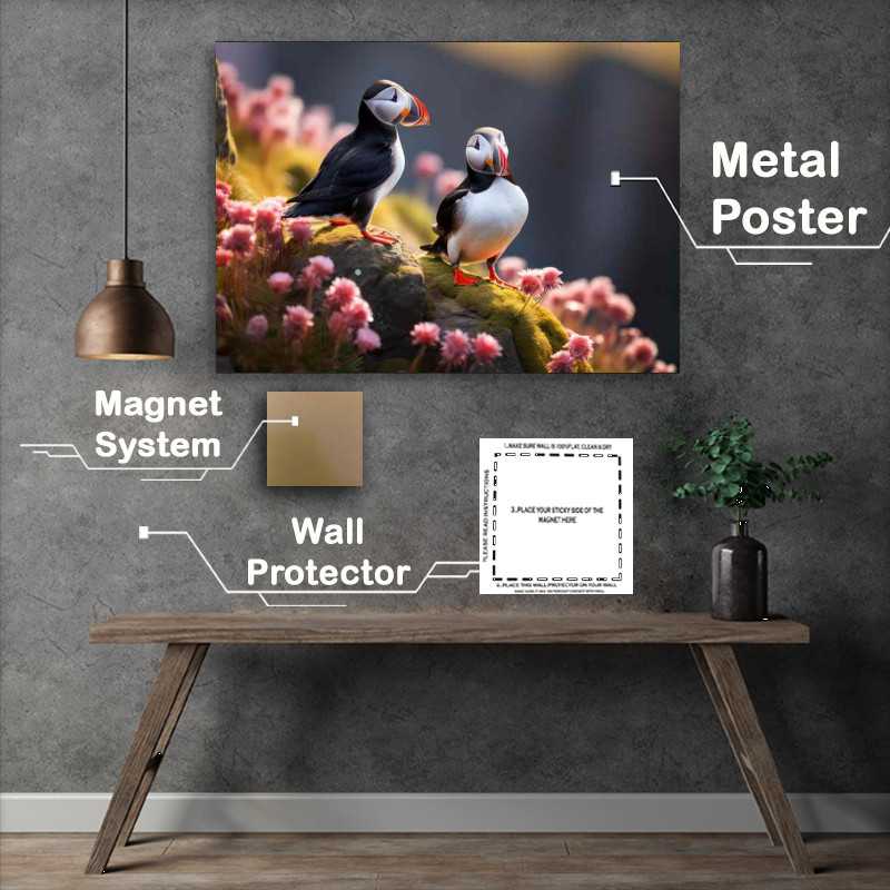 Buy Metal Poster : (Puffins in Iceland on the cliff top)