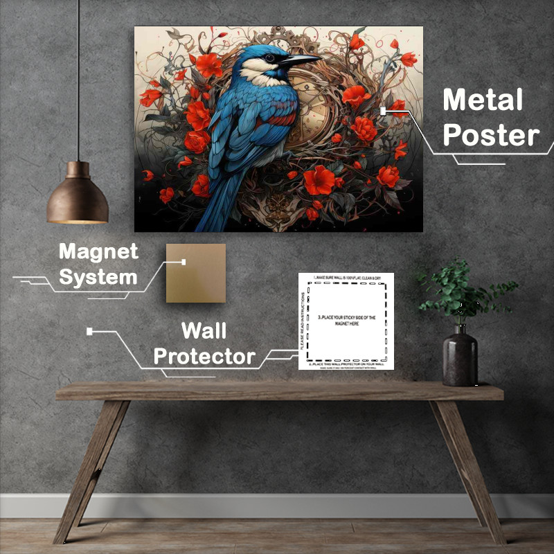 Buy Metal Poster : (Small Bird surounded by red flowers)