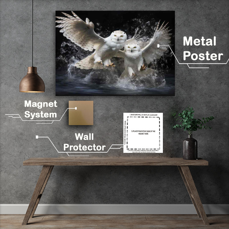 Buy Metal Poster : (Snowy owls in mid flight over water)