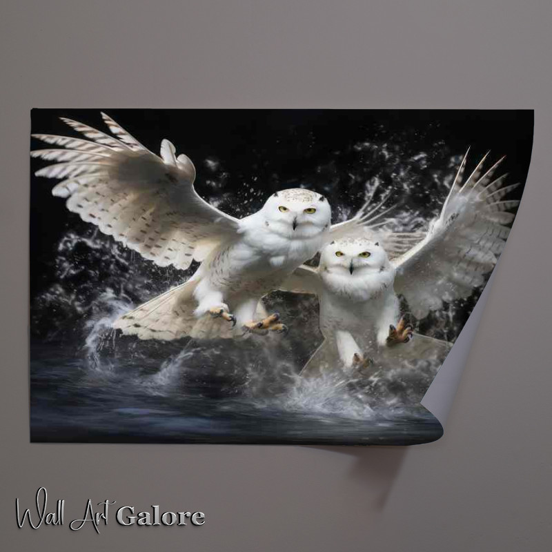 Buy Unframed Poster : (Snowy owls in mid flight over water)