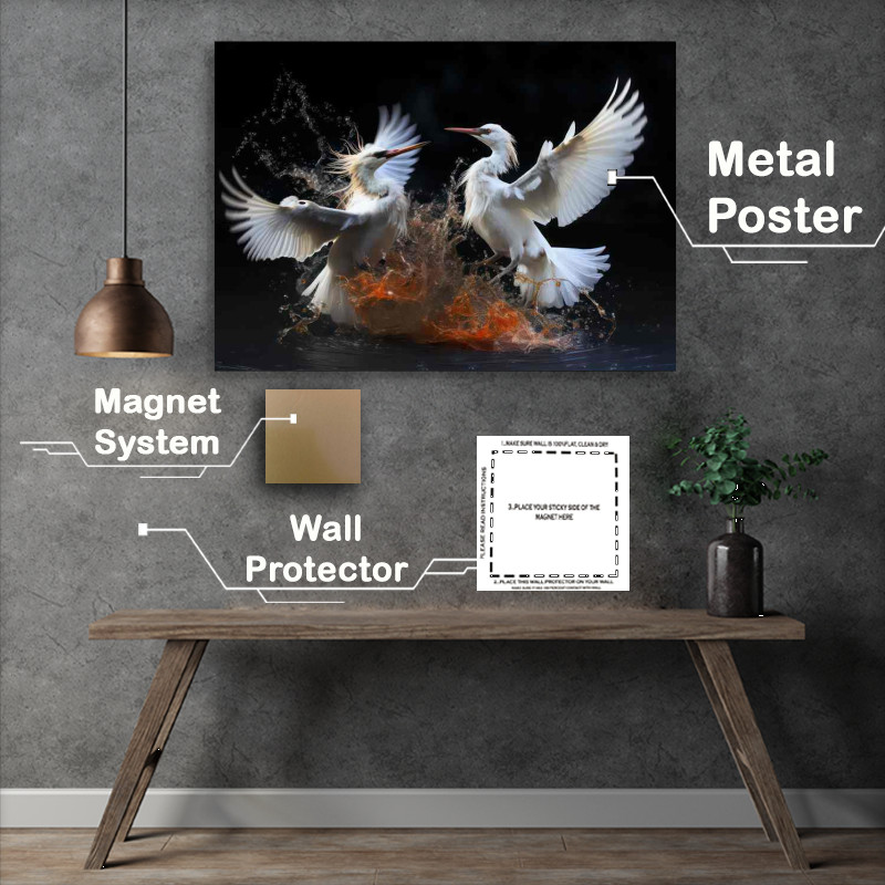 Buy Metal Poster : (Two egrets birds fighting in the water)