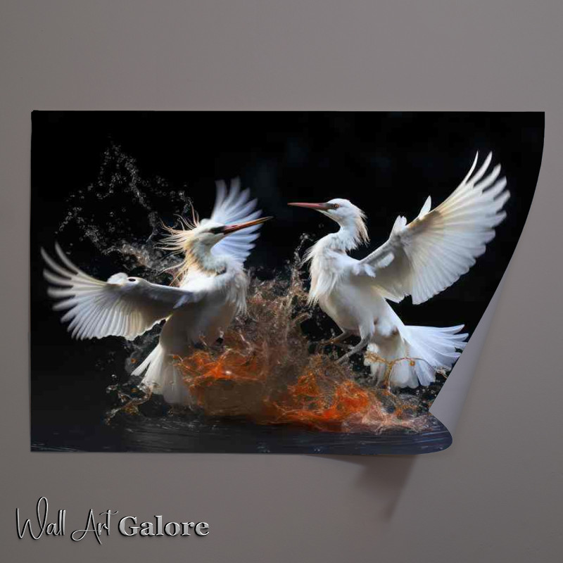 Buy Unframed Poster : (Two egrets birds fighting in the water)