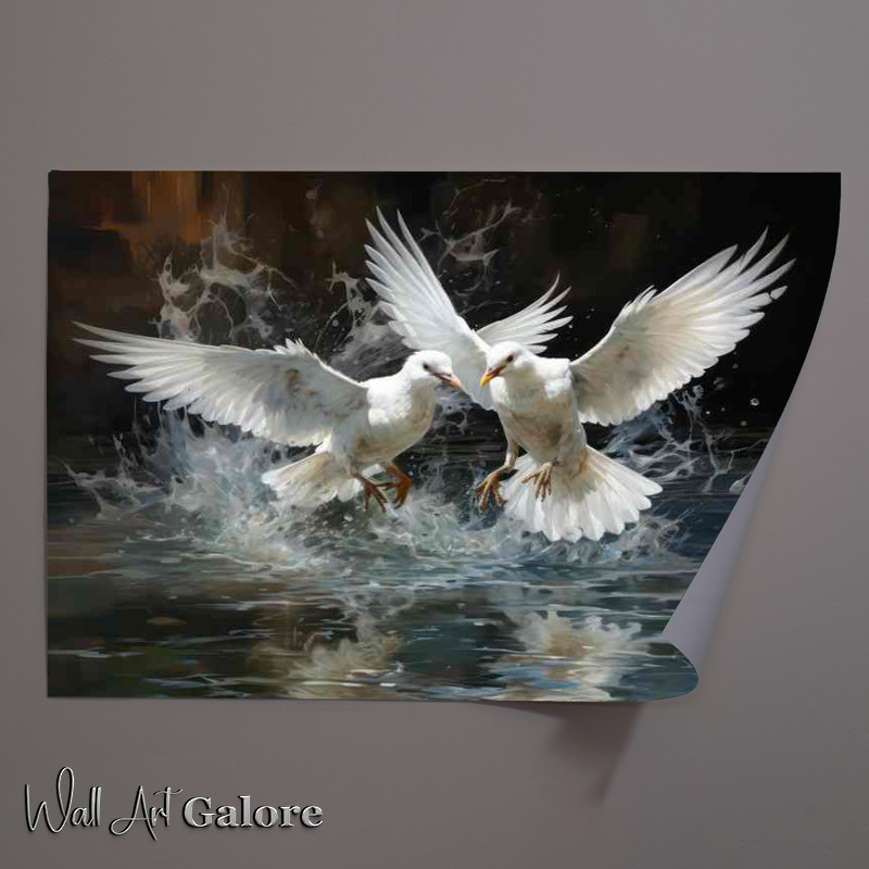 Buy Unframed Poster : (White Birds Having A fingt in the water)