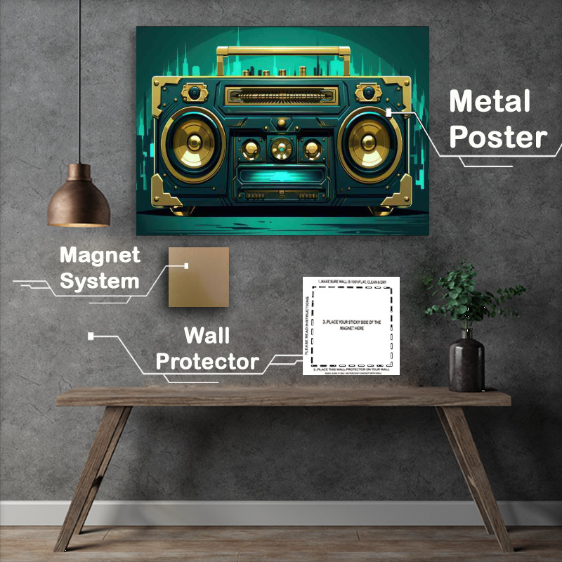 Buy Metal Poster : (Cartoon illustration of a boombox blue and green)