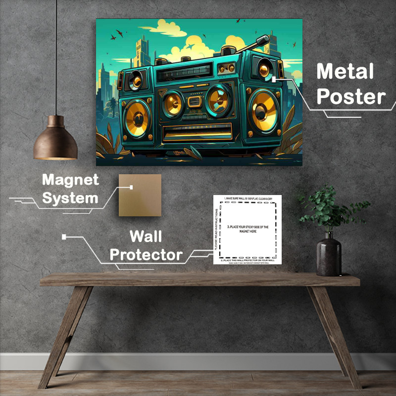 Buy Metal Poster : (Cartoon illustration of a boombox hip hop style)